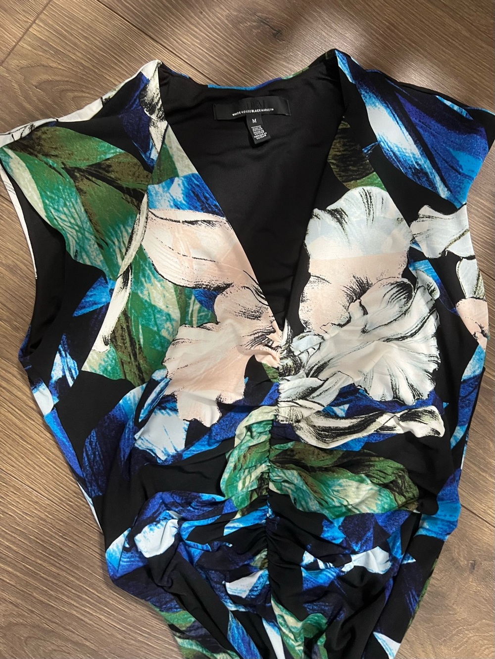 WHBM Floral Ruched Front V-Neck Midi Dress Black Blue Cap Sleeve M - Picture 6 of 10